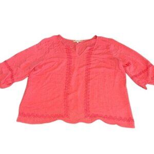 Araza Womens Coral Blouse 2X V-Neck 3/4 Sleeve With Embroidered Detail